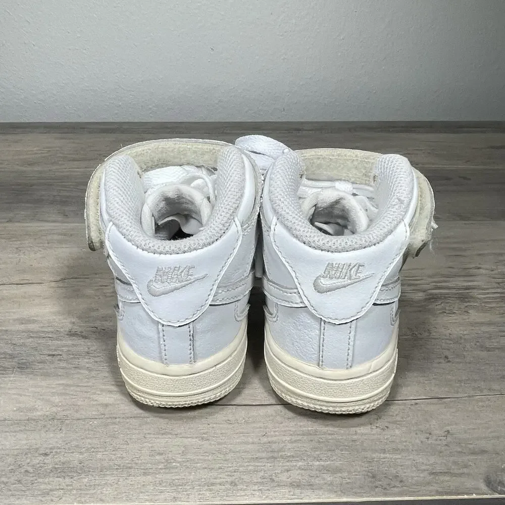 Nike Air Force 1 Mid Boys Size 10C Triple White Athletic Leather Shoes Sneakers